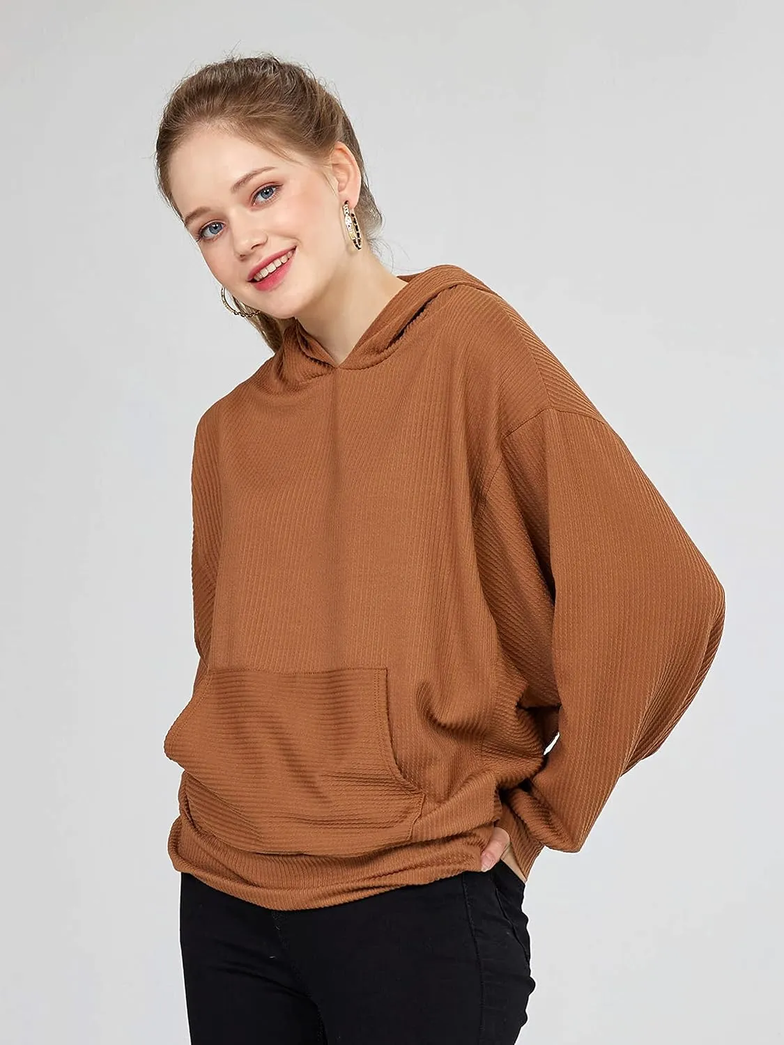 Oversized Dolman Long Sleeves Ribbed Hoodie Sweatshirt