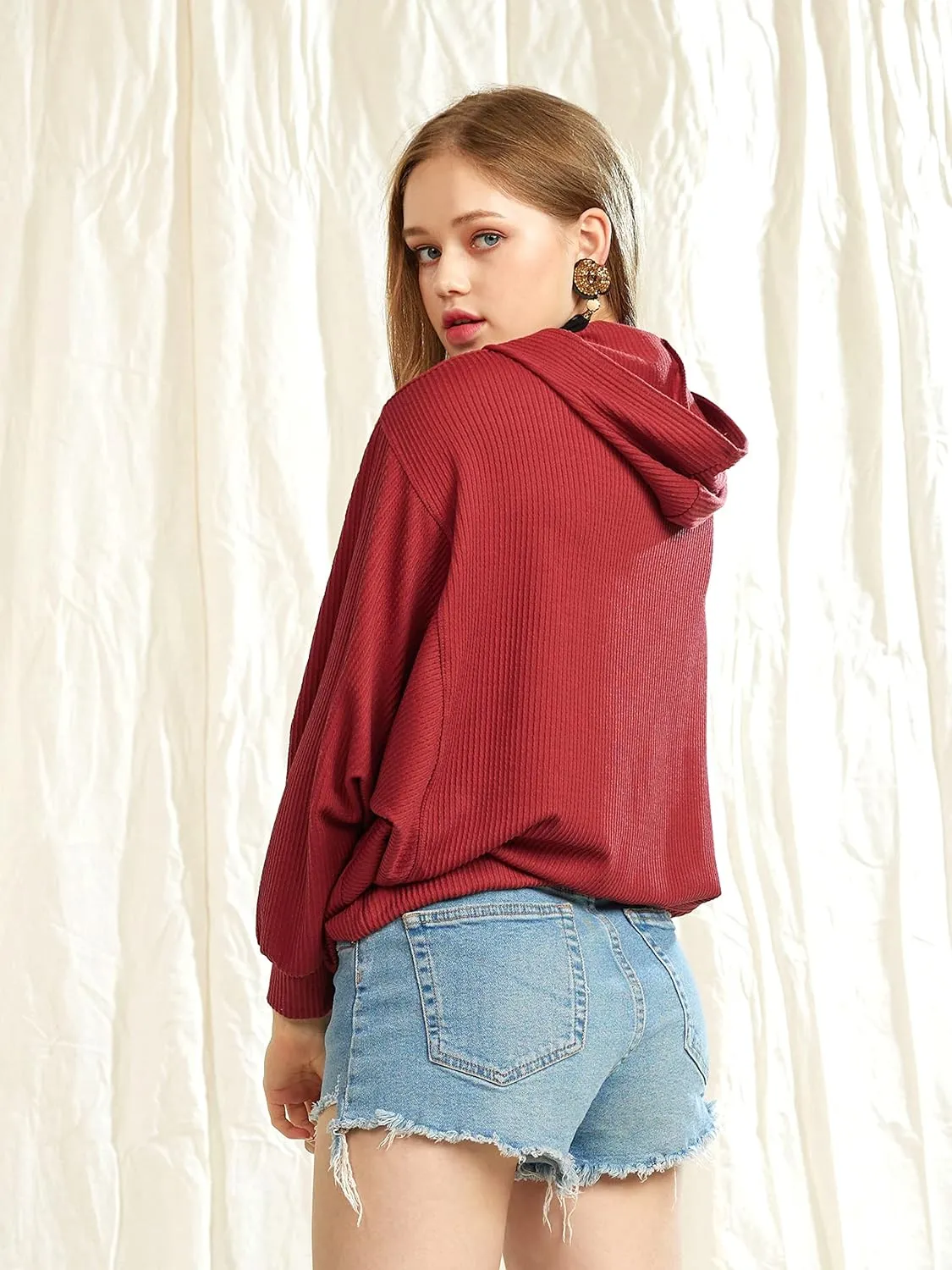 Oversized Dolman Long Sleeves Ribbed Hoodie Sweatshirt