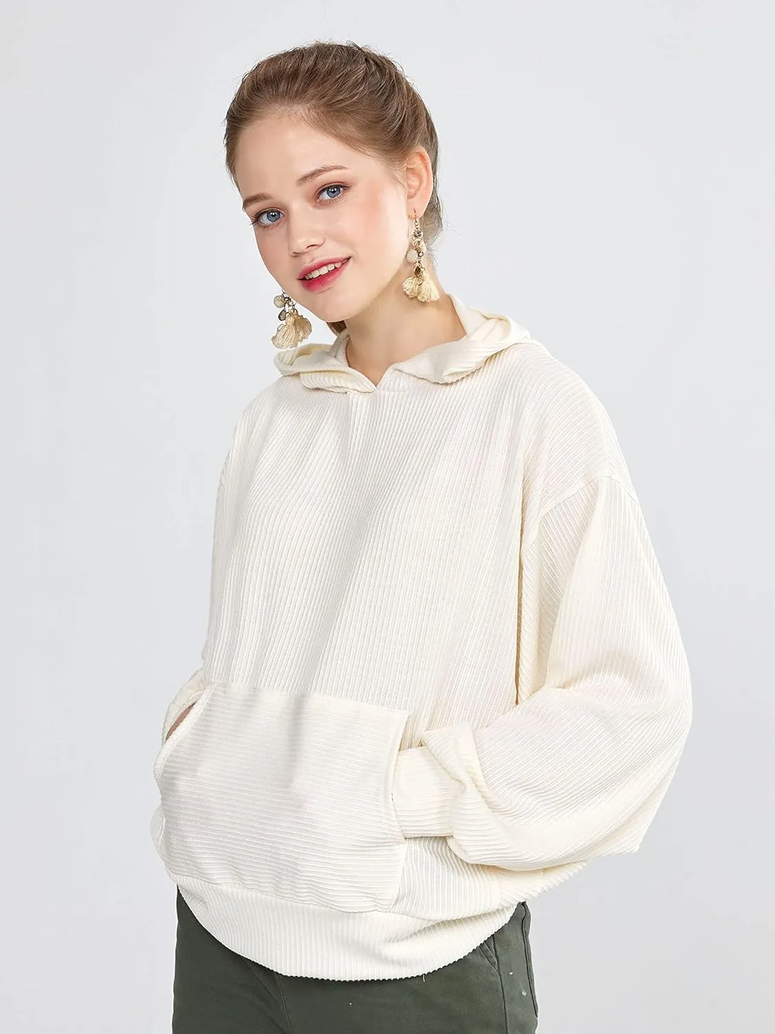 Oversized Dolman Long Sleeves Ribbed Hoodie Sweatshirt