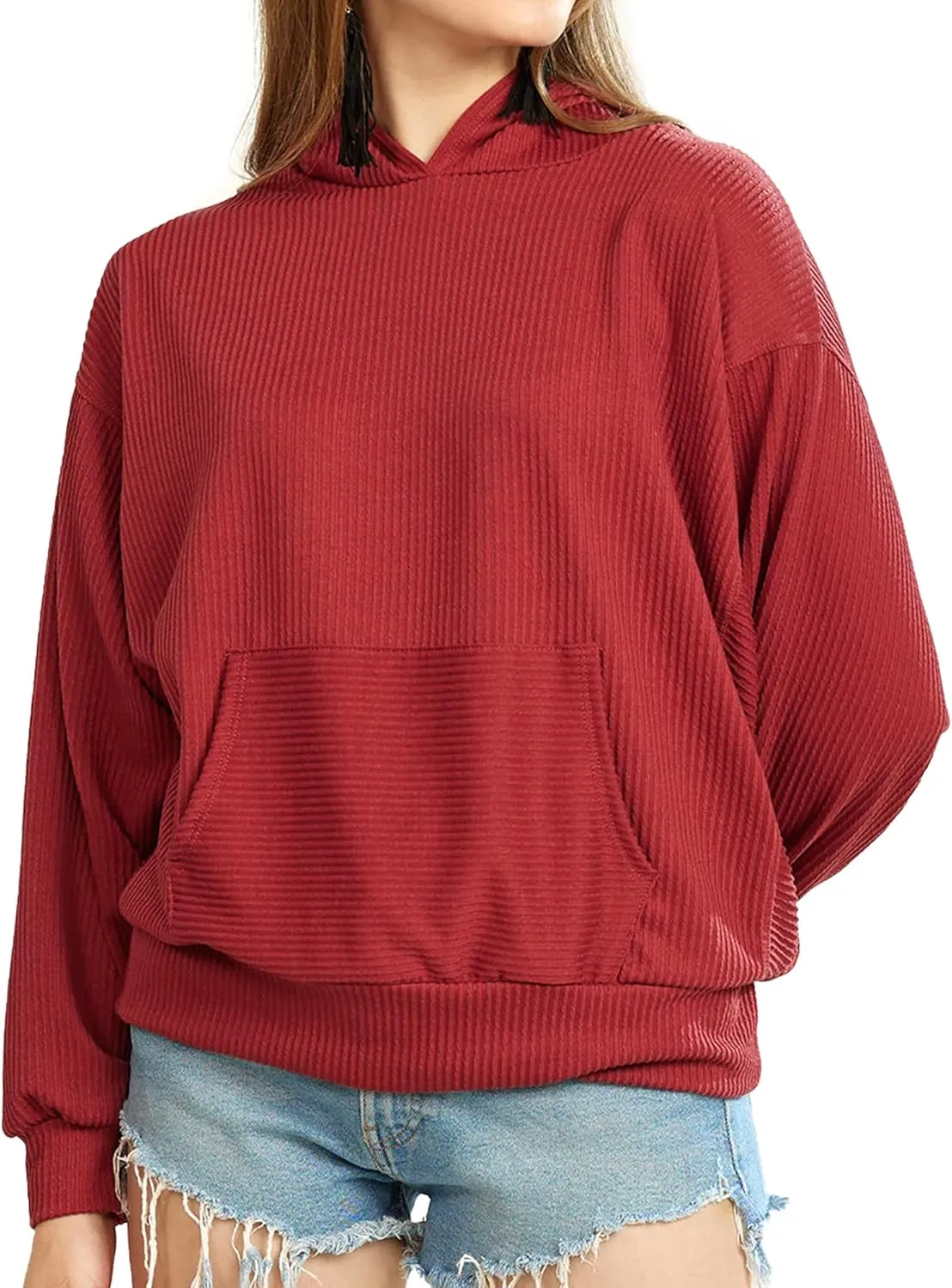 Oversized Dolman Long Sleeves Ribbed Hoodie Sweatshirt
