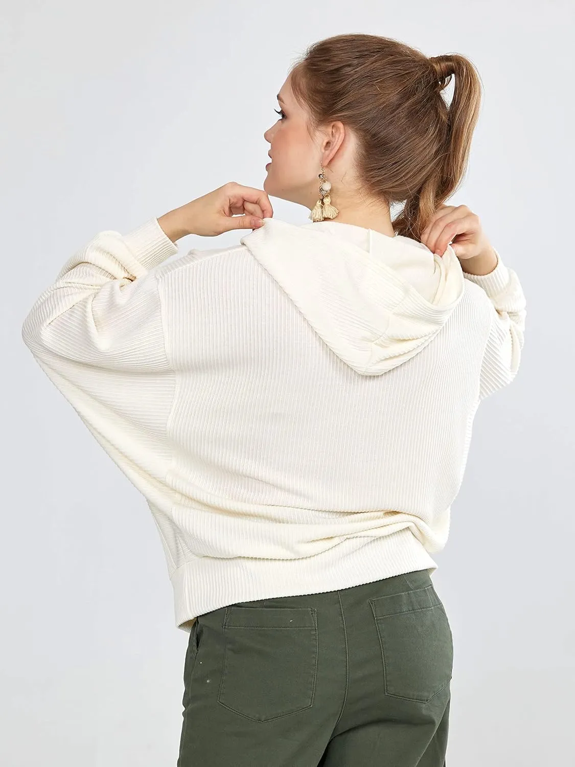 Oversized Dolman Long Sleeves Ribbed Hoodie Sweatshirt