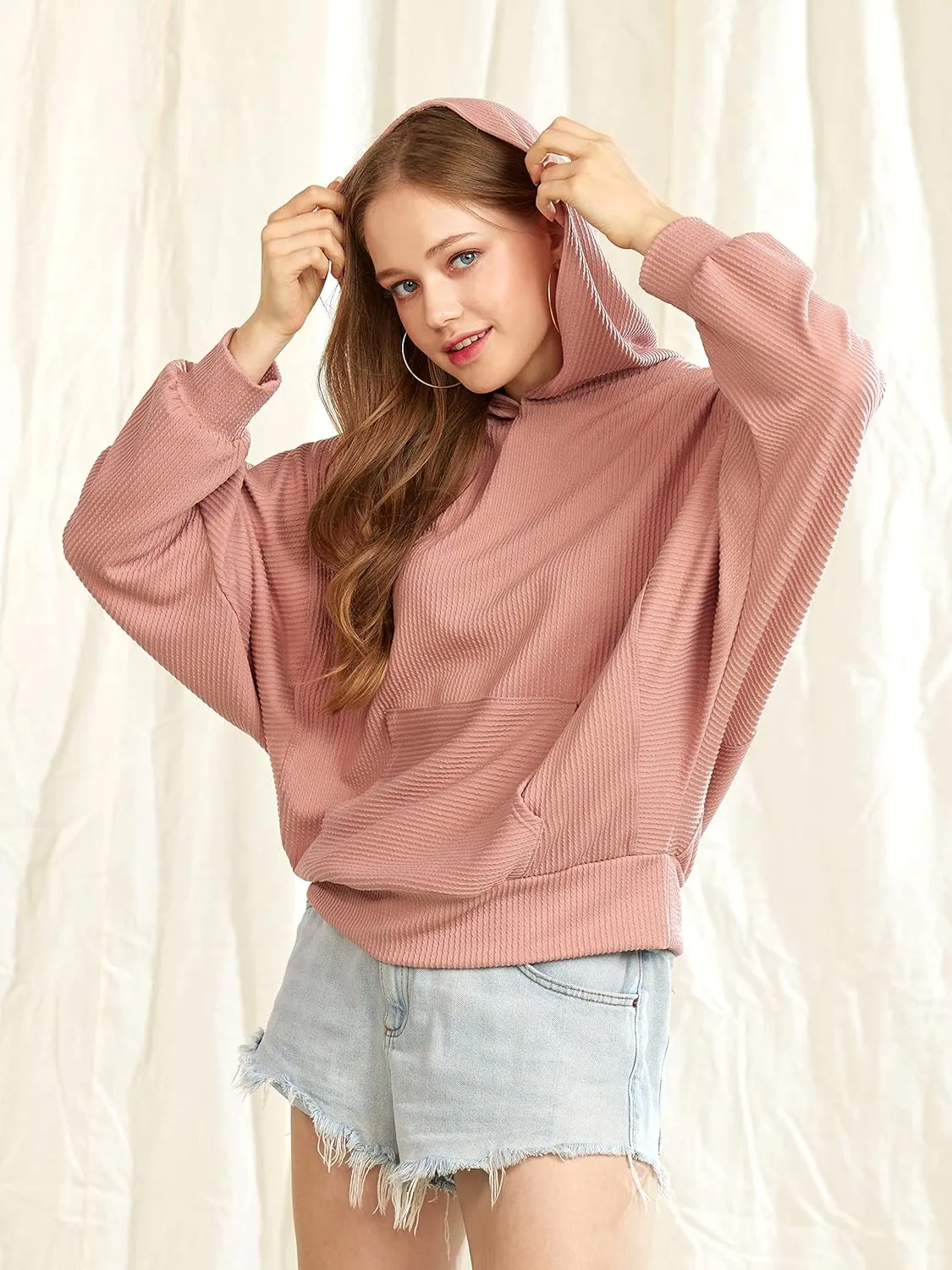 Oversized Dolman Long Sleeves Ribbed Hoodie Sweatshirt