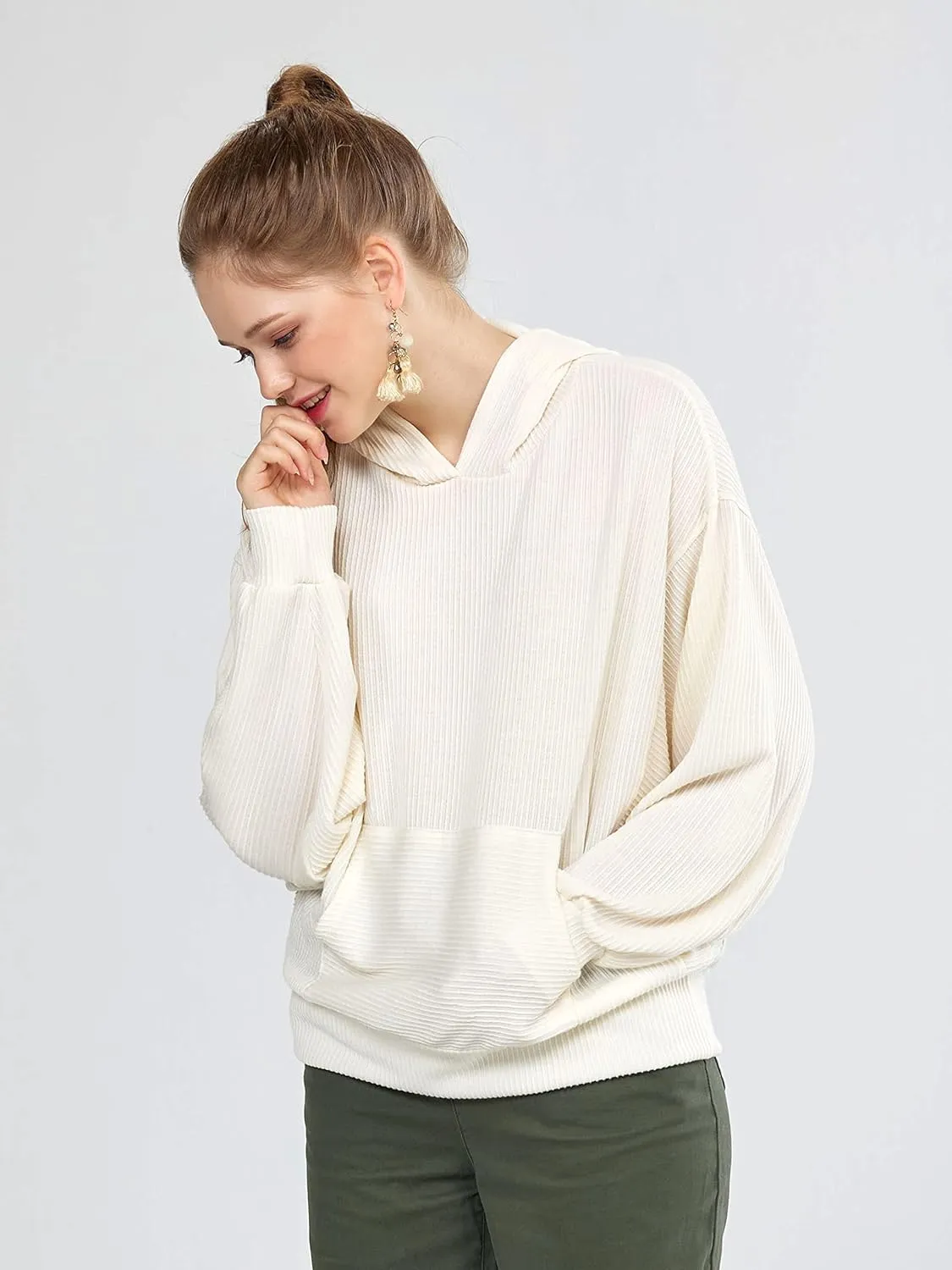 Oversized Dolman Long Sleeves Ribbed Hoodie Sweatshirt
