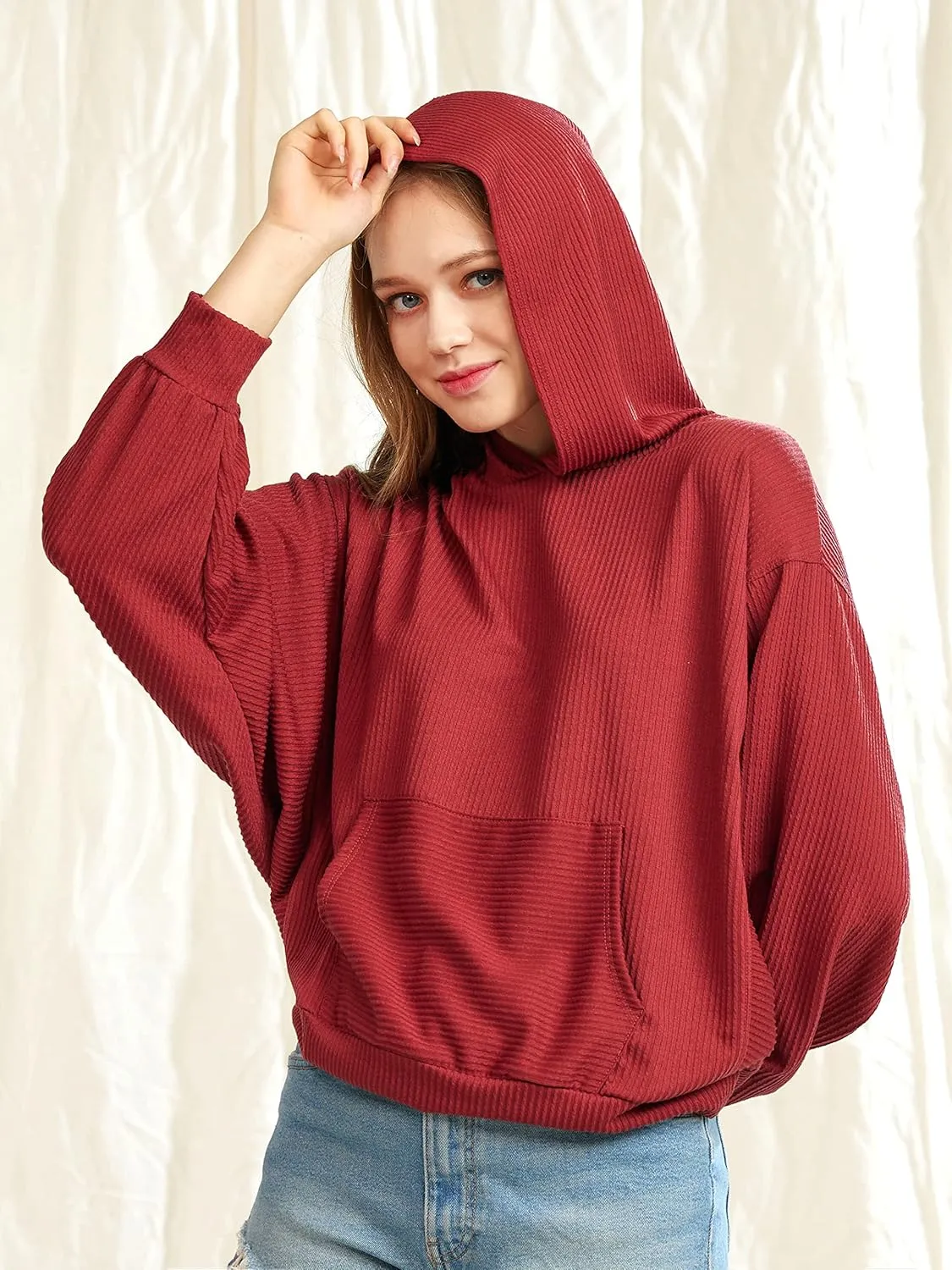 Oversized Dolman Long Sleeves Ribbed Hoodie Sweatshirt