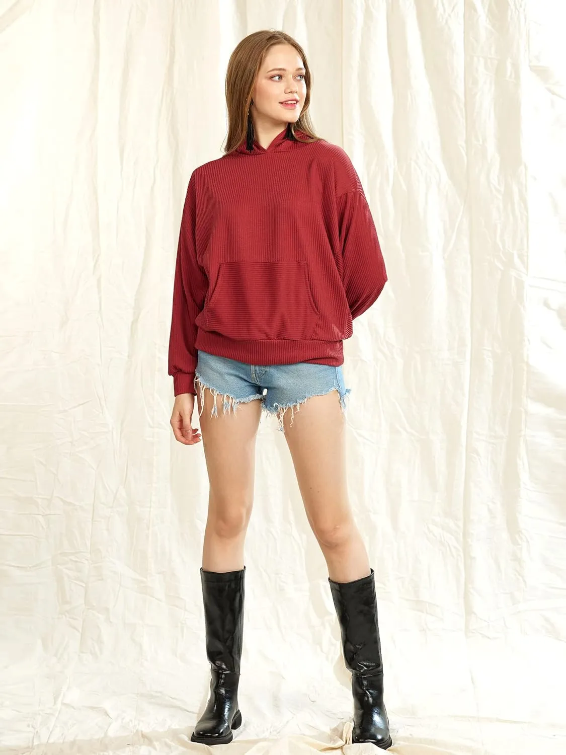 Oversized Dolman Long Sleeves Ribbed Hoodie Sweatshirt