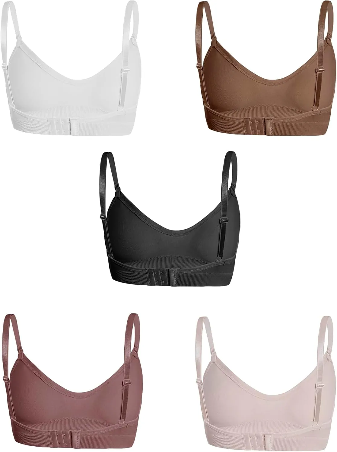 OYOANGLE Women's 5 Pieces Rib Knit Spaghetti Strap V Neck Wireless Bra Set Seamless Solid Plain No Padded Bralette
