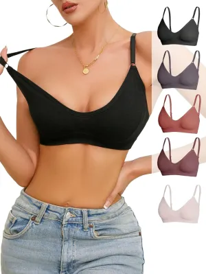 OYOANGLE Women's 5 Pieces Rib Knit Spaghetti Strap V Neck Wireless Bra Set Seamless Solid Plain No Padded Bralette