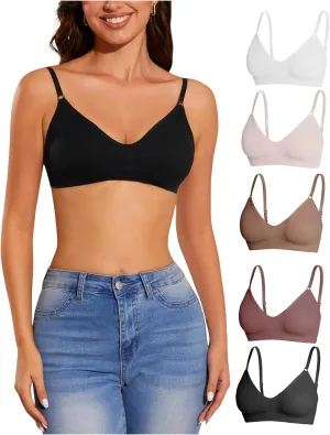 OYOANGLE Women's 5 Pieces Rib Knit Spaghetti Strap V Neck Wireless Bra Set Seamless Solid Plain No Padded Bralette