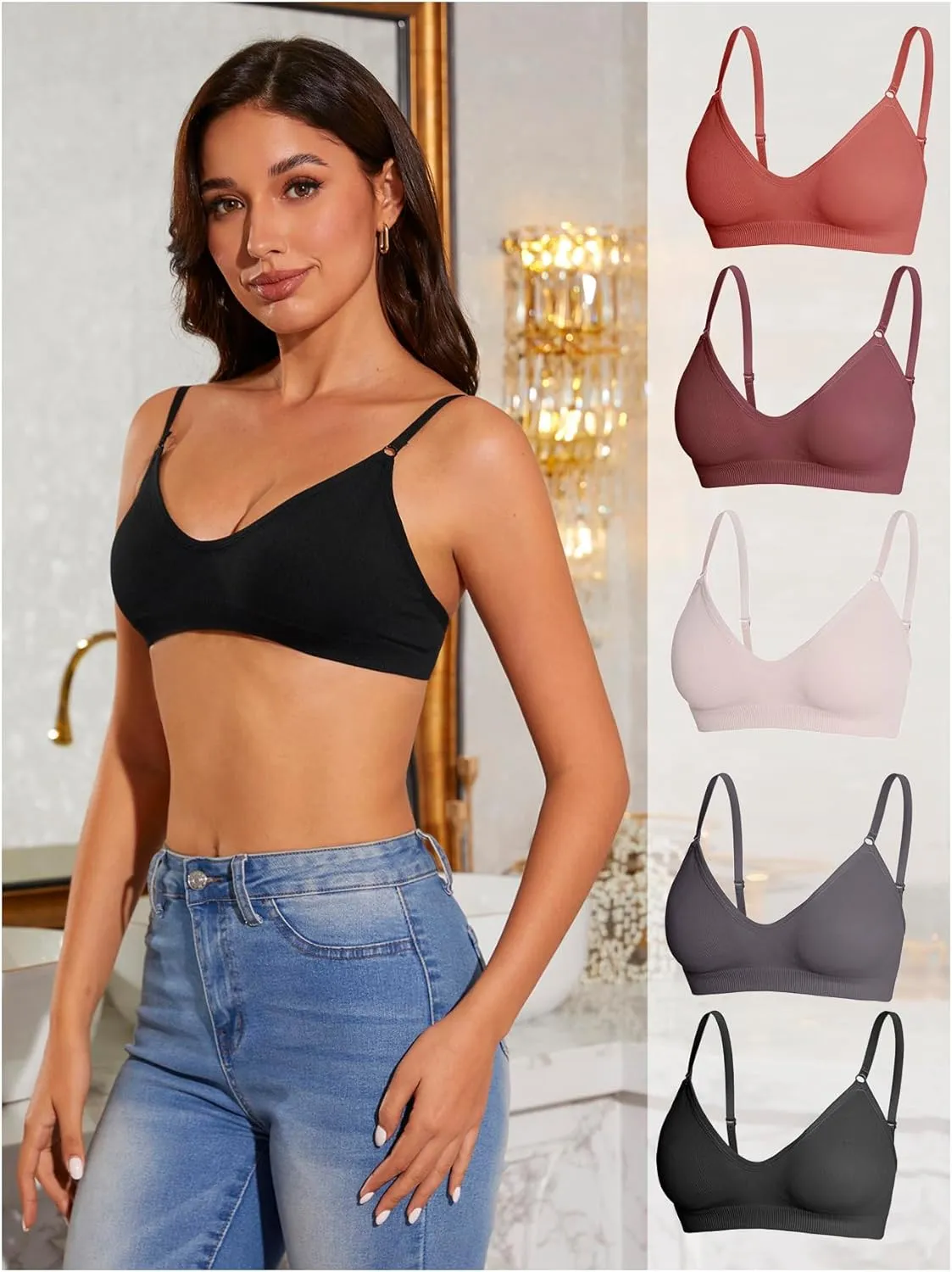 OYOANGLE Women's 5 Pieces Rib Knit Spaghetti Strap V Neck Wireless Bra Set Seamless Solid Plain No Padded Bralette