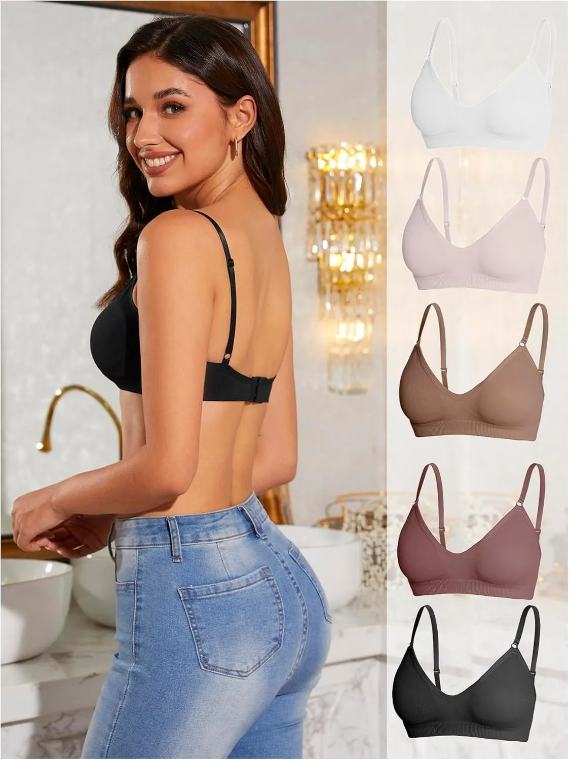 OYOANGLE Women's 5 Pieces Rib Knit Spaghetti Strap V Neck Wireless Bra Set Seamless Solid Plain No Padded Bralette