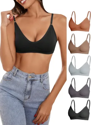 OYOANGLE Women's 5 Pieces Rib Knit Spaghetti Strap V Neck Wireless Bra Set Seamless Solid Plain No Padded Bralette