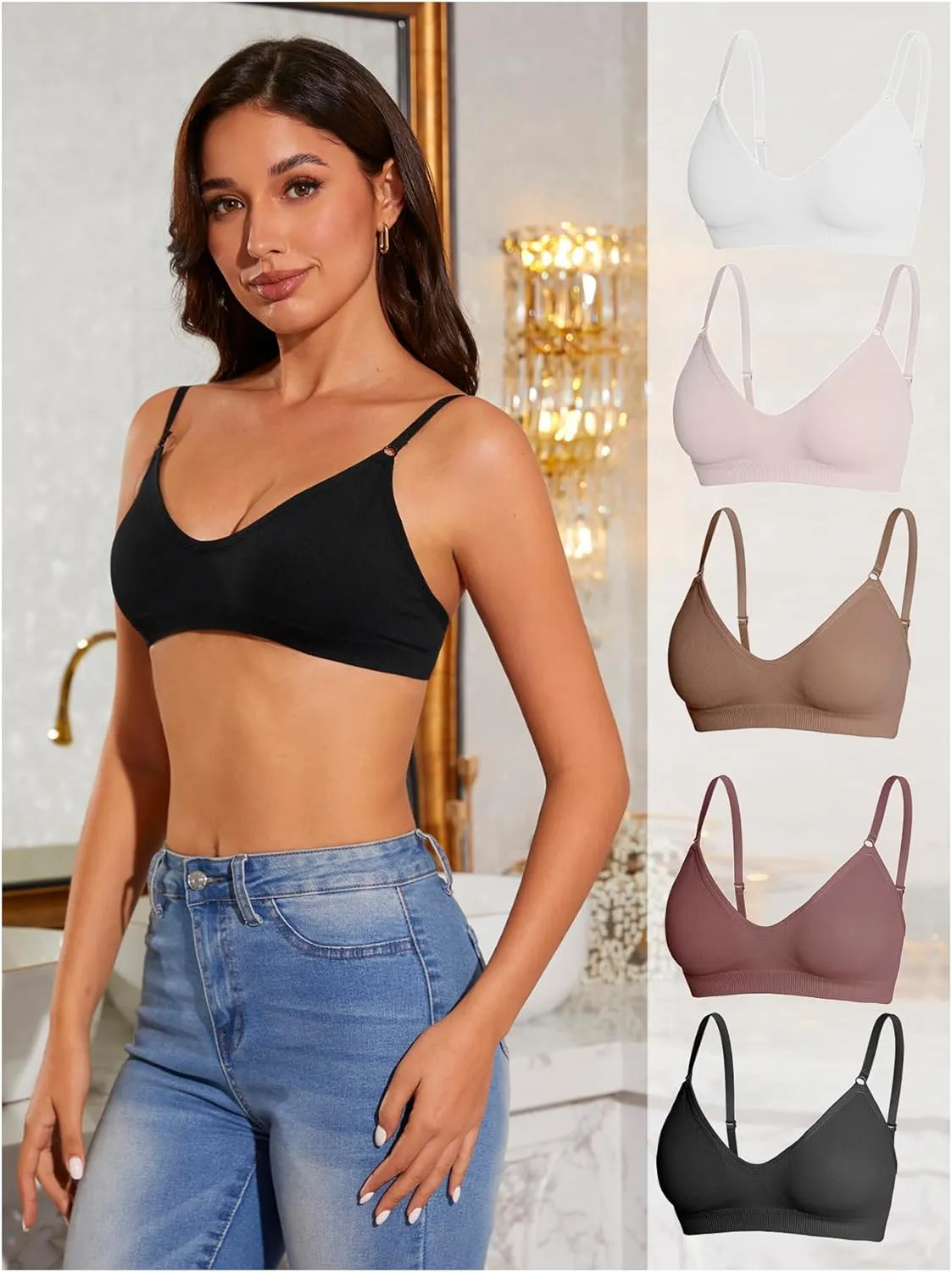 OYOANGLE Women's 5 Pieces Rib Knit Spaghetti Strap V Neck Wireless Bra Set Seamless Solid Plain No Padded Bralette