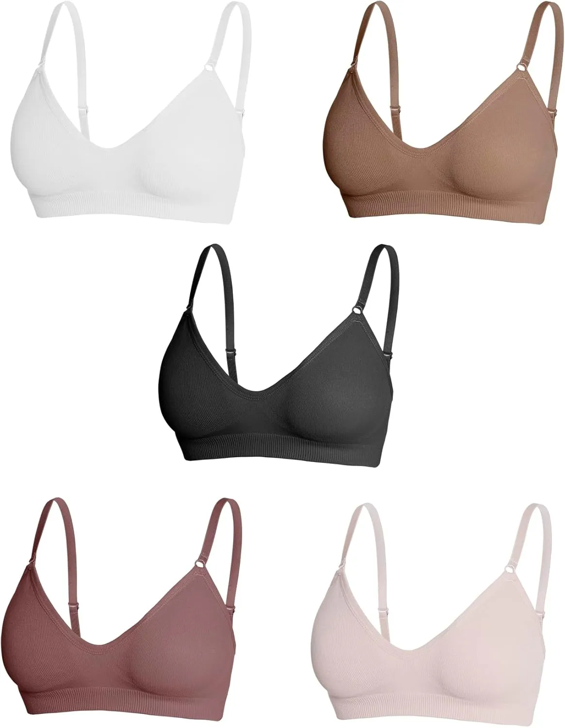 OYOANGLE Women's 5 Pieces Rib Knit Spaghetti Strap V Neck Wireless Bra Set Seamless Solid Plain No Padded Bralette