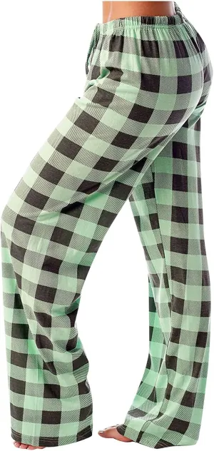 Pajamas Pants for Women Wide Leg Casual Comfy Loose Plaid Pants Stretchy Cute Sleep Bell Bottom Pajama Pants