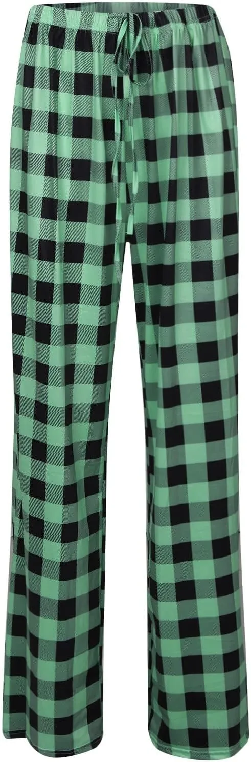 Pajamas Pants for Women Wide Leg Casual Comfy Loose Plaid Pants Stretchy Cute Sleep Bell Bottom Pajama Pants