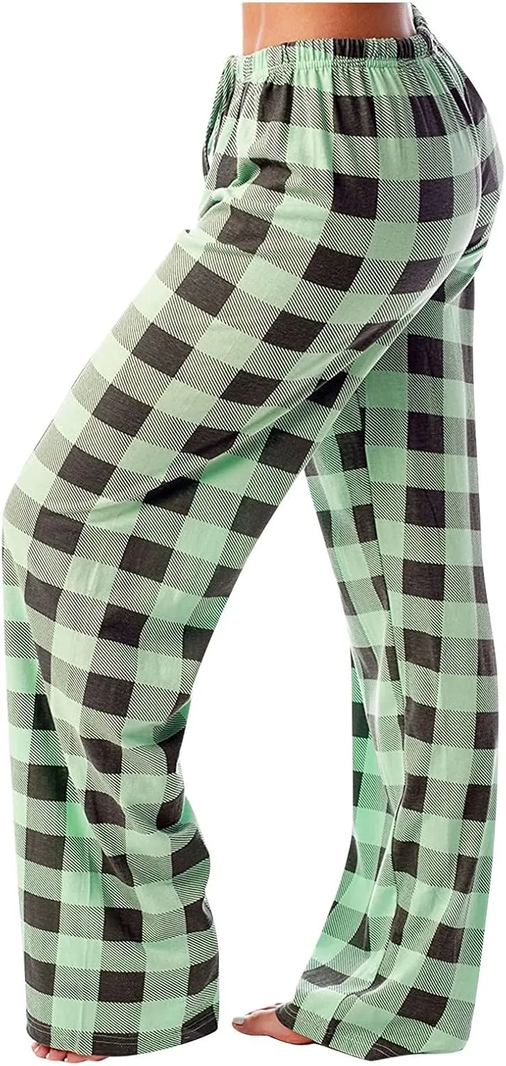 Pajamas Pants for Women Wide Leg Casual Comfy Loose Plaid Pants Stretchy Cute Sleep Bell Bottom Pajama Pants