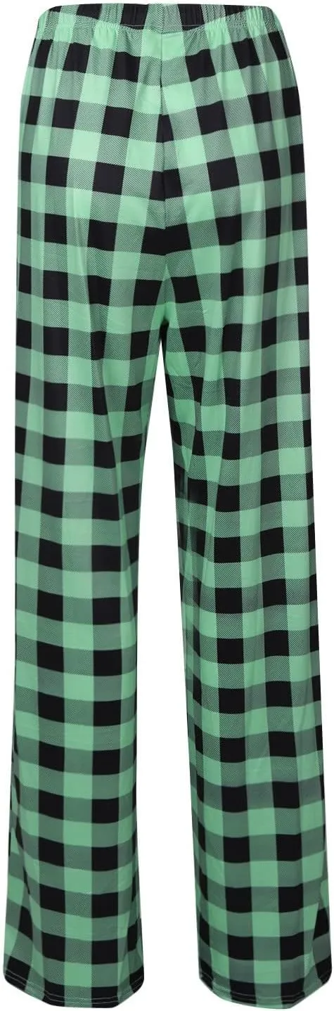 Pajamas Pants for Women Wide Leg Casual Comfy Loose Plaid Pants Stretchy Cute Sleep Bell Bottom Pajama Pants