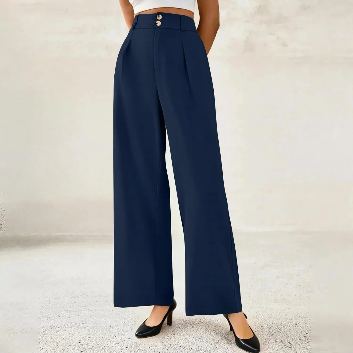 Palazzo Pants for Women Dressy Elastic Waist Wide Leg Trousers Trendy Summer Formal Dress Slacks with Pockets