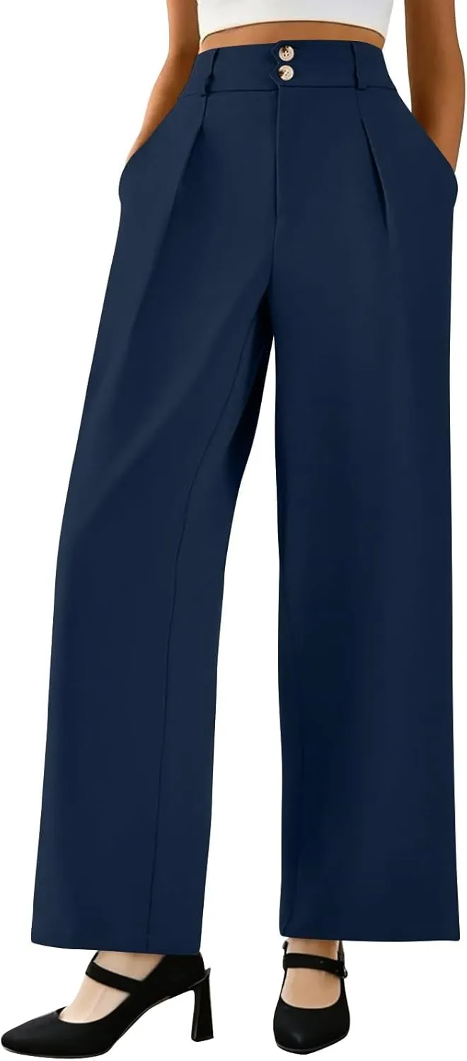 Palazzo Pants for Women Dressy Elastic Waist Wide Leg Trousers Trendy Summer Formal Dress Slacks with Pockets