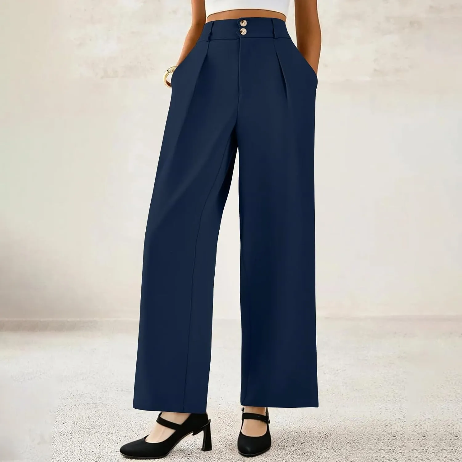 Palazzo Pants for Women Dressy Elastic Waist Wide Leg Trousers Trendy Summer Formal Dress Slacks with Pockets