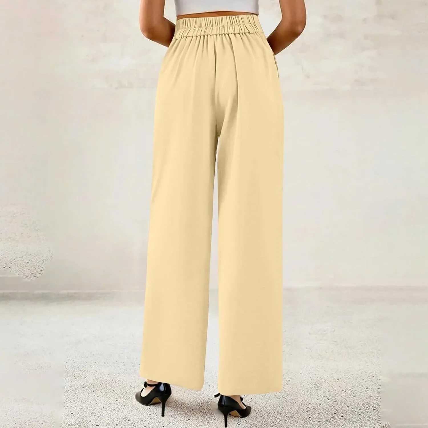 Palazzo Pants for Women Dressy Elastic Waist Wide Leg Trousers Trendy Summer Formal Dress Slacks with Pockets