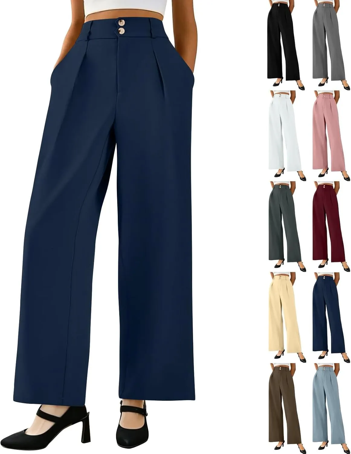 Palazzo Pants for Women Dressy Elastic Waist Wide Leg Trousers Trendy Summer Formal Dress Slacks with Pockets