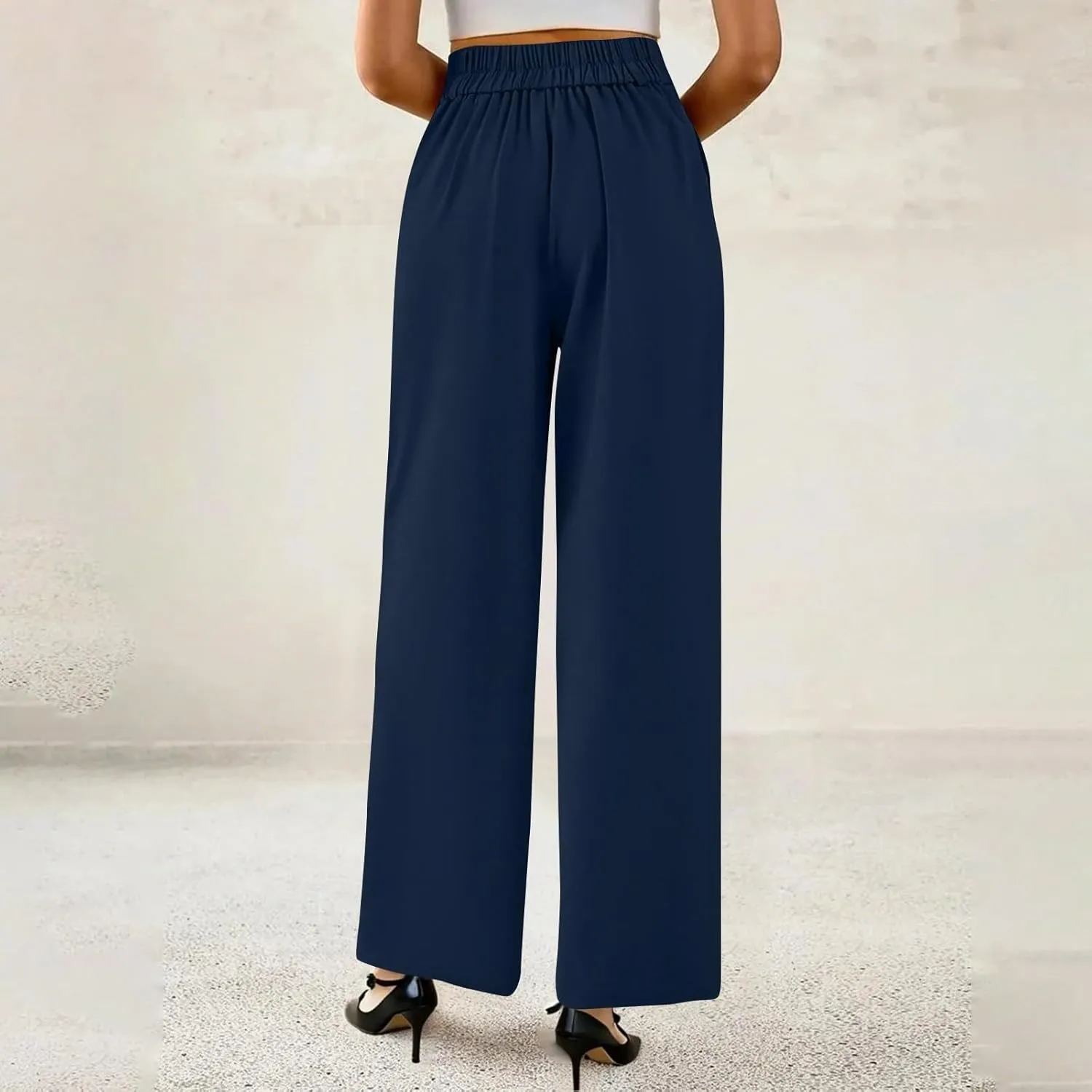 Palazzo Pants for Women Dressy Elastic Waist Wide Leg Trousers Trendy Summer Formal Dress Slacks with Pockets