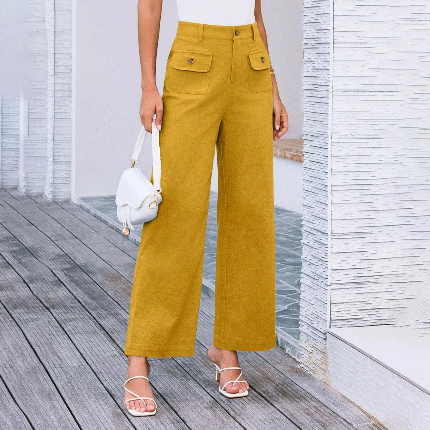 Pants for Women Fashion High Waist Trousers Wide Leg Loose Formal Slacks Straight Casual Pants with Pockets