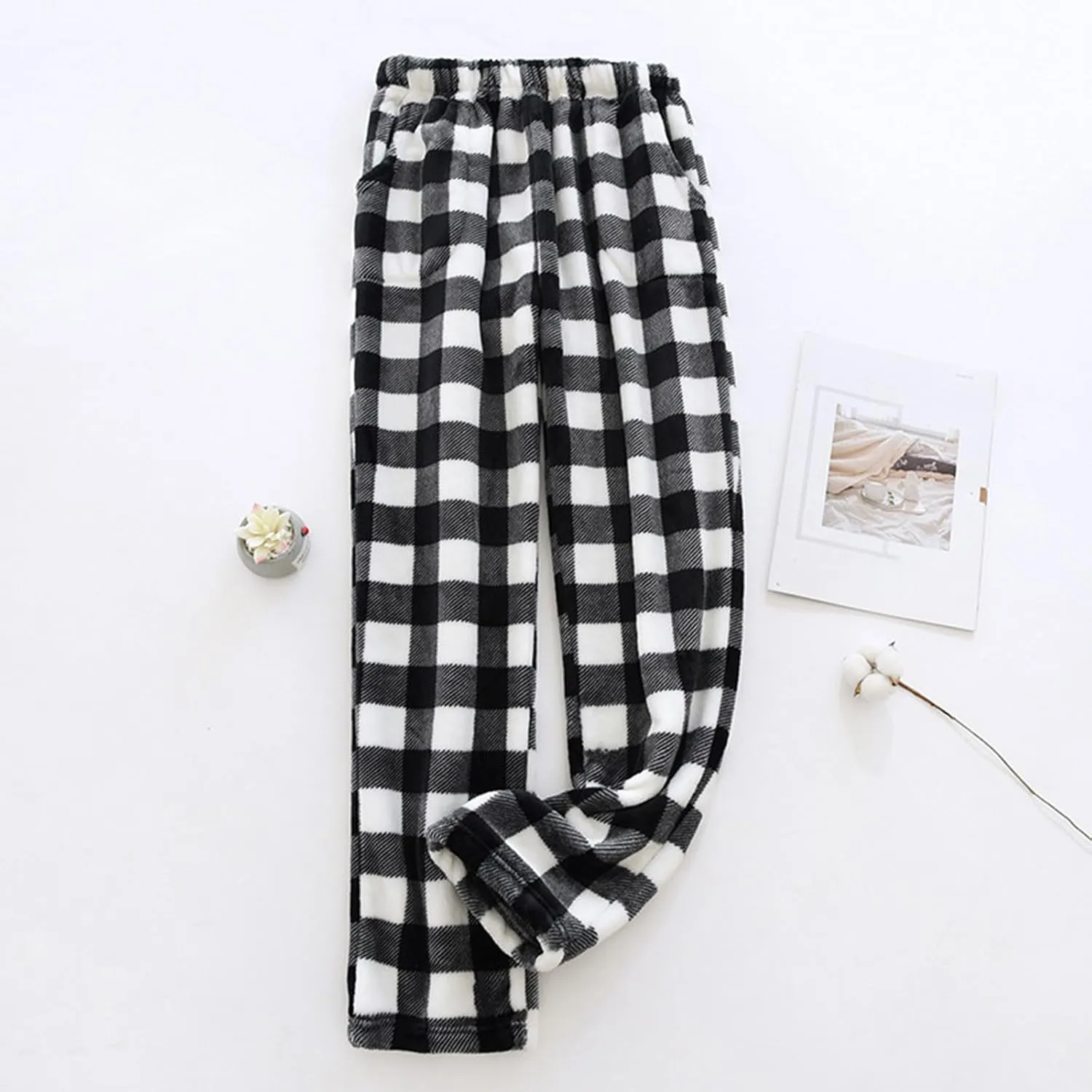 PETYCZEN Womens Flannel Pajama Pants Winter Fuzzy Plaid Pj Pants Casual Elastic Waist Lounge Pants Drawstring Comfy Sleepwear