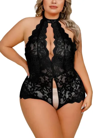 Plus Size Lingerie for Curvy Women Sexy One Piece Lace Bodysuit Deep V Neck Halter Teddy Sleepwear