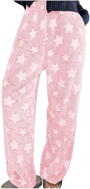 Plush Pajama Pants Women Soft Fluffy Fleece Lounge Pants Fuzzy Warm Pj Bottoms Star Graphic Flannel Loungewear Pant