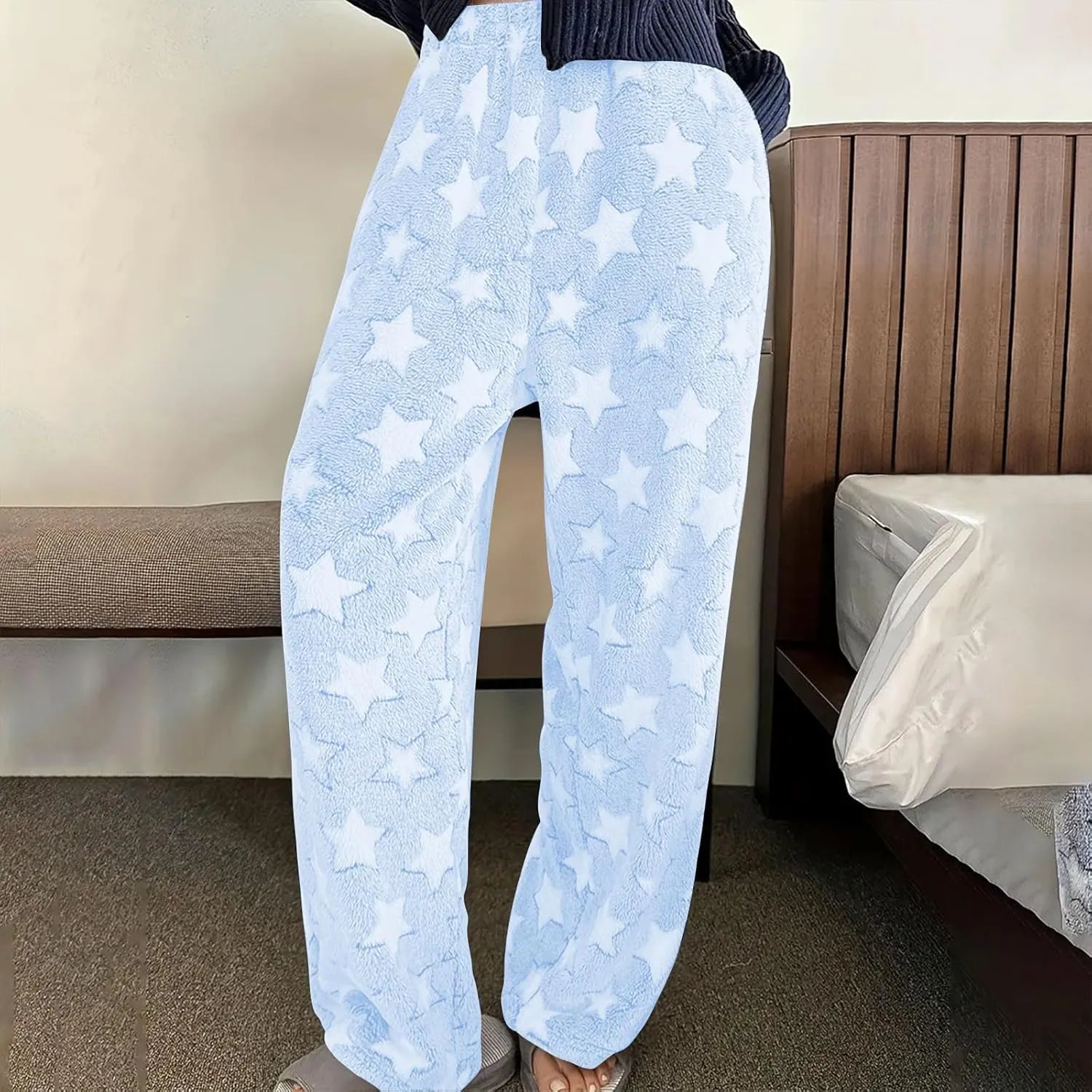 Plush Pajama Pants Women Soft Fluffy Fleece Lounge Pants Fuzzy Warm Pj Bottoms Star Graphic Flannel Loungewear Pant
