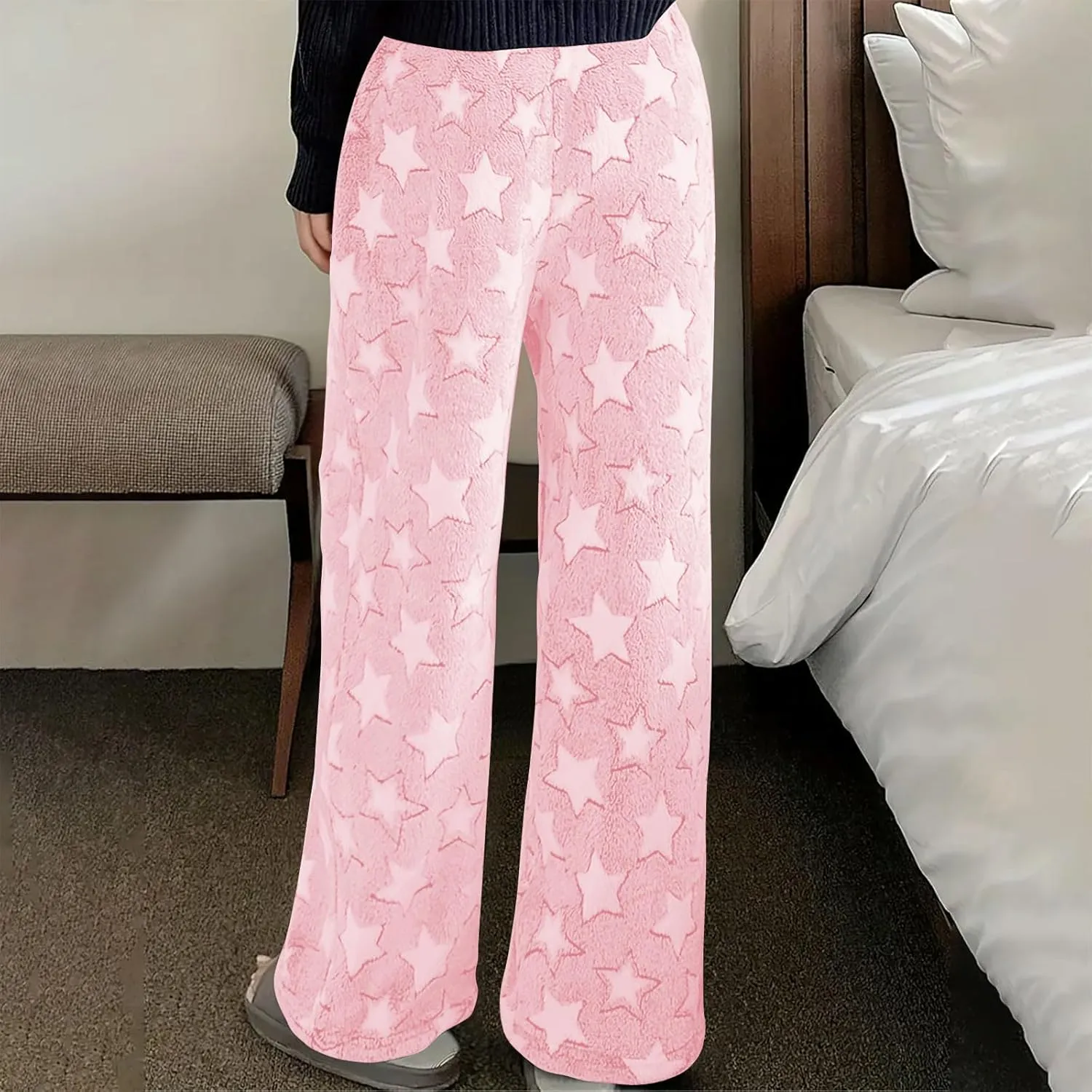 Plush Pajama Pants Women Soft Fluffy Fleece Lounge Pants Fuzzy Warm Pj Bottoms Star Graphic Flannel Loungewear Pant