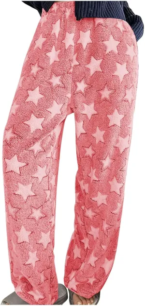 Plush Pajama Pants Women Soft Fluffy Fleece Lounge Pants Fuzzy Warm Pj Bottoms Star Graphic Flannel Loungewear Pant