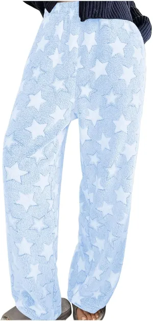 Plush Pajama Pants Women Soft Fluffy Fleece Lounge Pants Fuzzy Warm Pj Bottoms Star Graphic Flannel Loungewear Pant