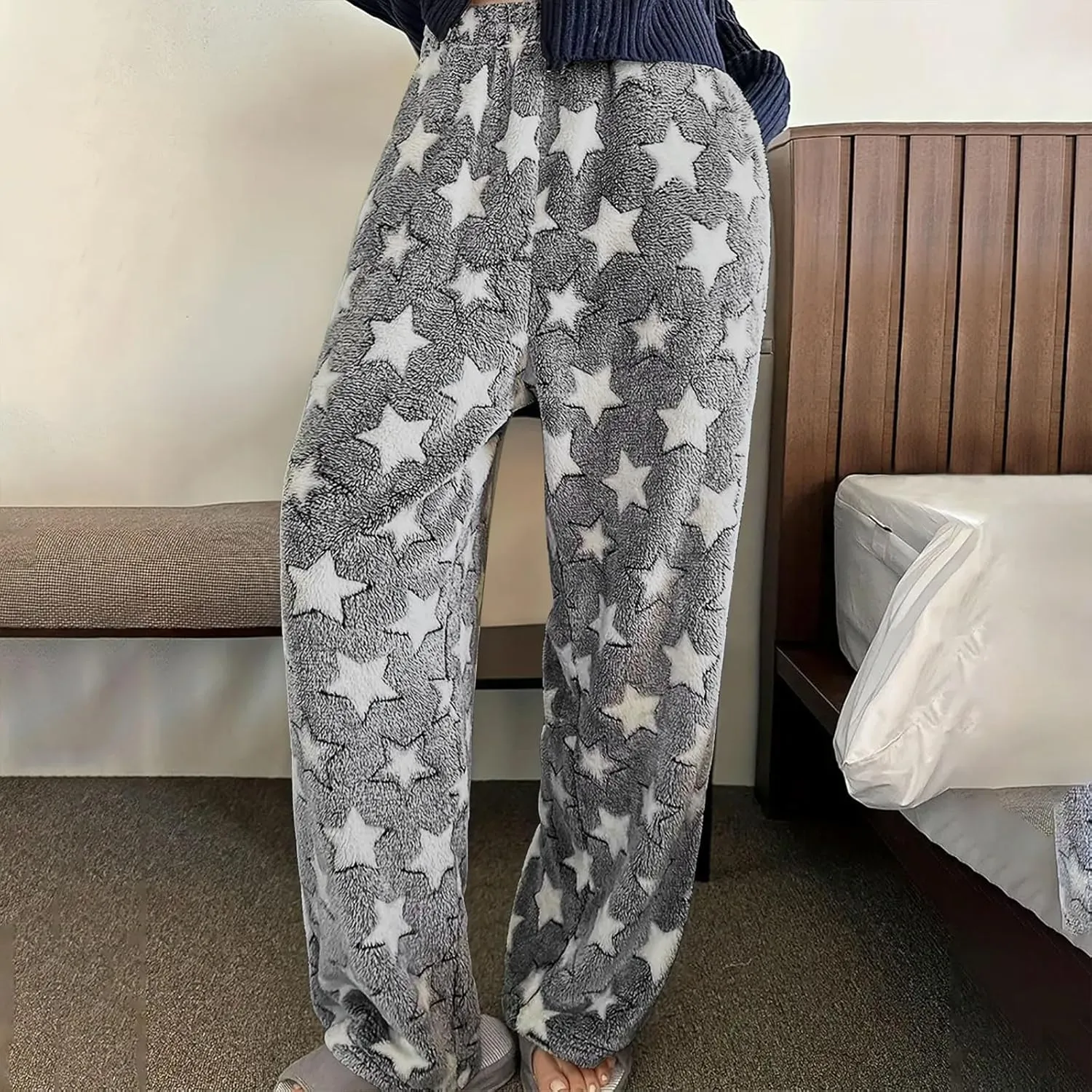 Plush Pajama Pants Women Soft Fluffy Fleece Lounge Pants Fuzzy Warm Pj Bottoms Star Graphic Flannel Loungewear Pant