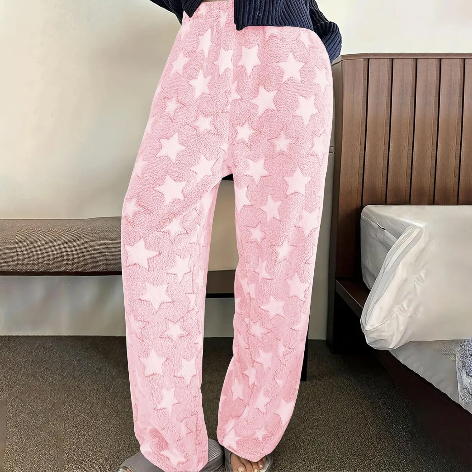 Plush Pajama Pants Women Soft Fluffy Fleece Lounge Pants Fuzzy Warm Pj Bottoms Star Graphic Flannel Loungewear Pant