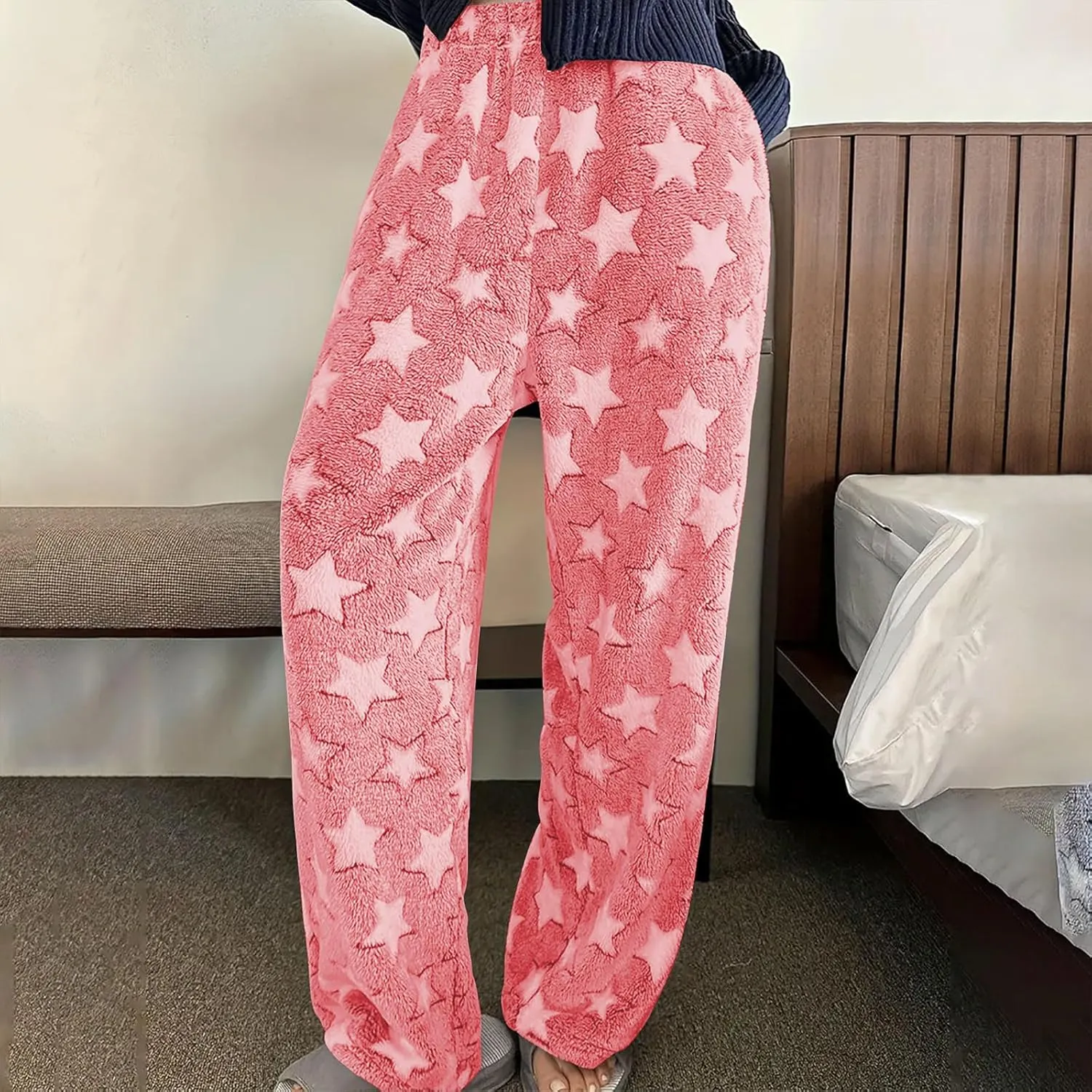Plush Pajama Pants Women Soft Fluffy Fleece Lounge Pants Fuzzy Warm Pj Bottoms Star Graphic Flannel Loungewear Pant