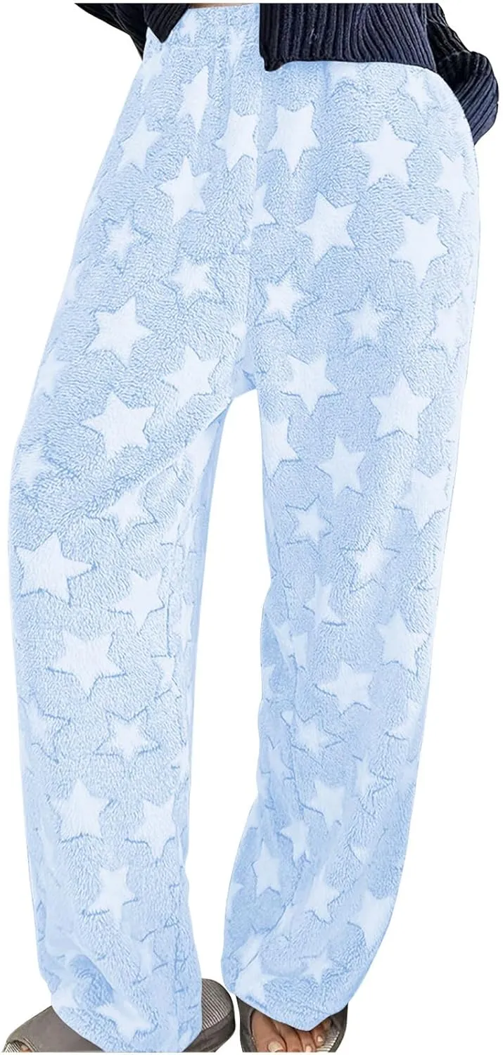 Plush Pajama Pants Women Soft Fluffy Fleece Lounge Pants Fuzzy Warm Pj Bottoms Star Graphic Flannel Loungewear Pant