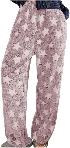 Plush Pajama Pants Women Soft Fluffy Fleece Lounge Pants Fuzzy Warm Pj Bottoms Star Graphic Flannel Loungewear Pant