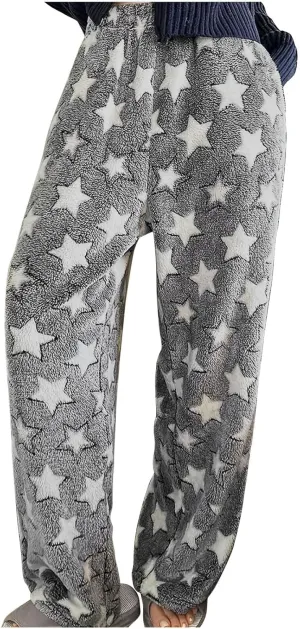 Plush Pajama Pants Women Soft Fluffy Fleece Lounge Pants Fuzzy Warm Pj Bottoms Star Graphic Flannel Loungewear Pant