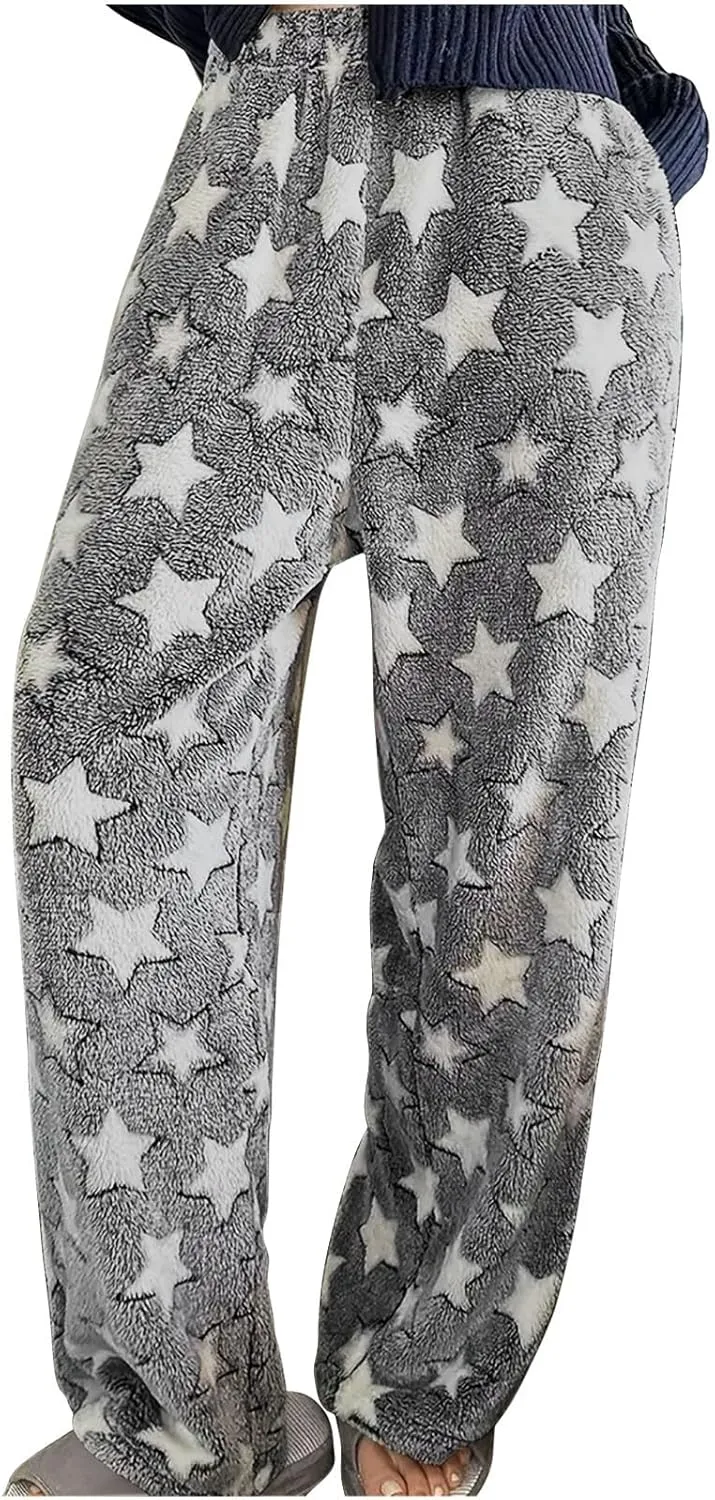 Plush Pajama Pants Women Soft Fluffy Fleece Lounge Pants Fuzzy Warm Pj Bottoms Star Graphic Flannel Loungewear Pant