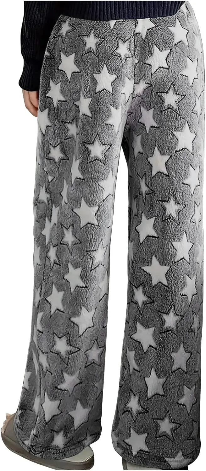 Plush Pajama Pants Women Soft Fluffy Fleece Lounge Pants Fuzzy Warm Pj Bottoms Star Graphic Flannel Loungewear Pant