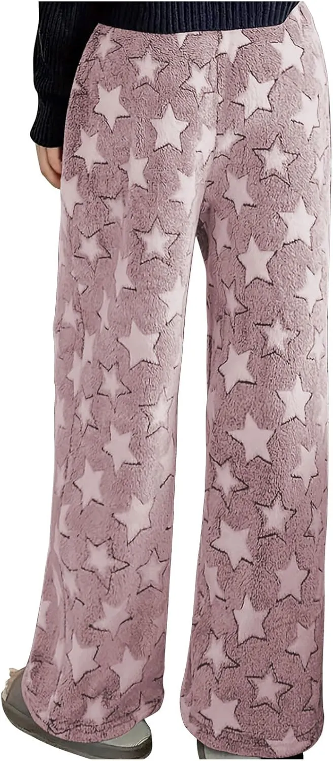 Plush Pajama Pants Women Soft Fluffy Fleece Lounge Pants Fuzzy Warm Pj Bottoms Star Graphic Flannel Loungewear Pant