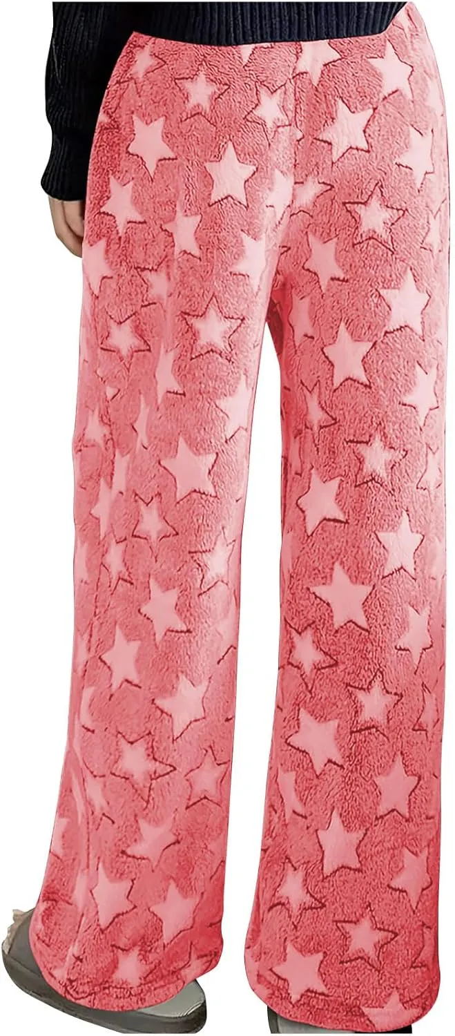 Plush Pajama Pants Women Soft Fluffy Fleece Lounge Pants Fuzzy Warm Pj Bottoms Star Graphic Flannel Loungewear Pant