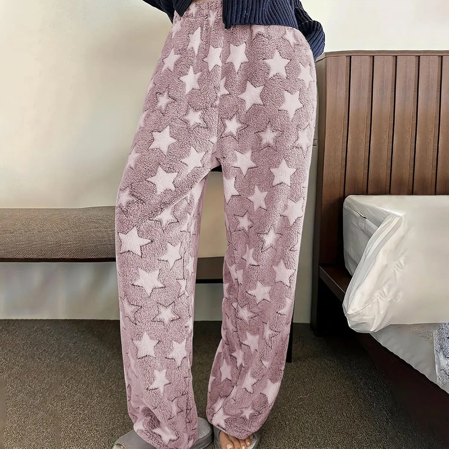 Plush Pajama Pants Women Soft Fluffy Fleece Lounge Pants Fuzzy Warm Pj Bottoms Star Graphic Flannel Loungewear Pant