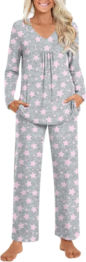 POPYOUNG 2 Piece Women's Fall Pajama Sets V Neck Long Sleeve Lounge Sleepwear Pjs Sets
