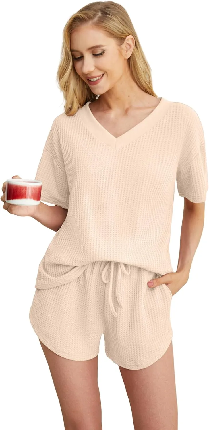 QIXING Womens Short Sleeve Loose Outfits Waffle Knit Pajama Sets V Neck Sleepwear Casual Sweatsuit