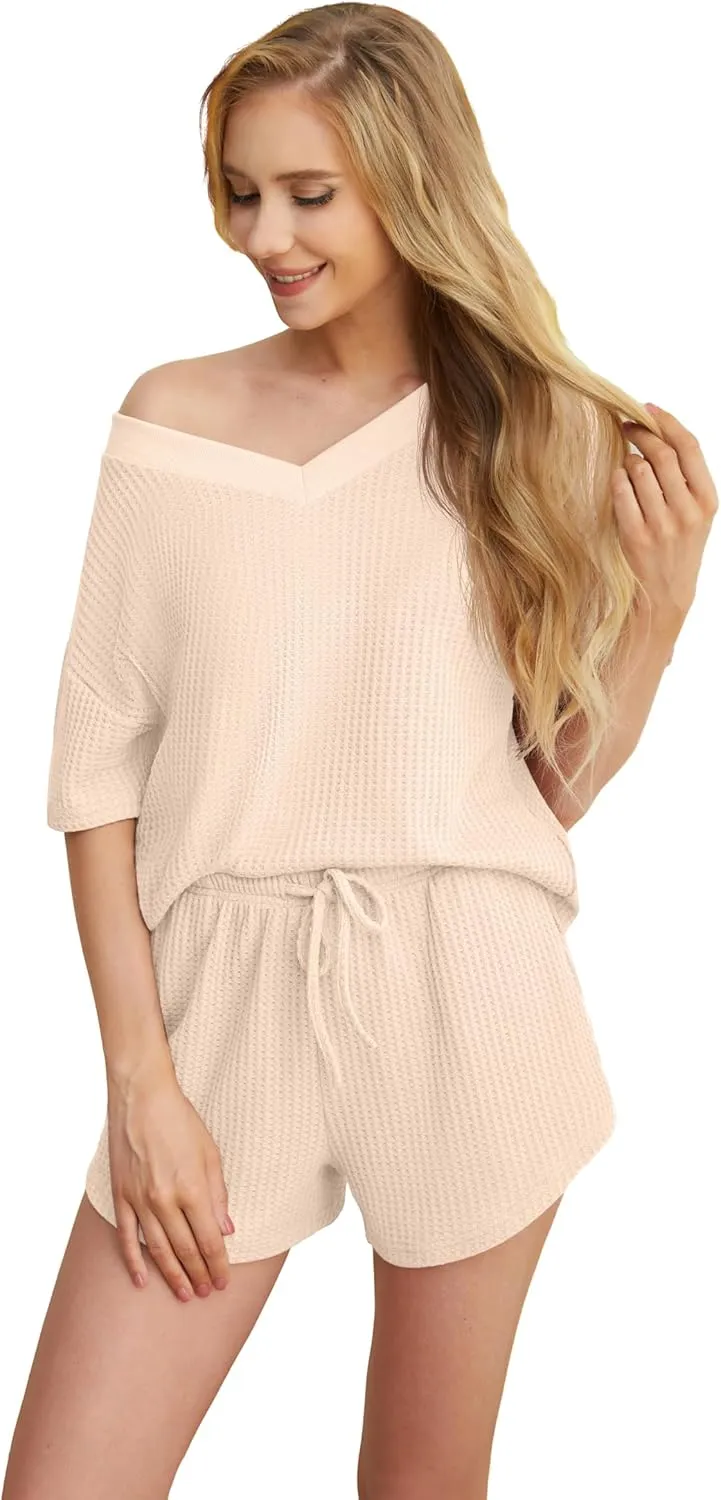 QIXING Womens Short Sleeve Loose Outfits Waffle Knit Pajama Sets V Neck Sleepwear Casual Sweatsuit