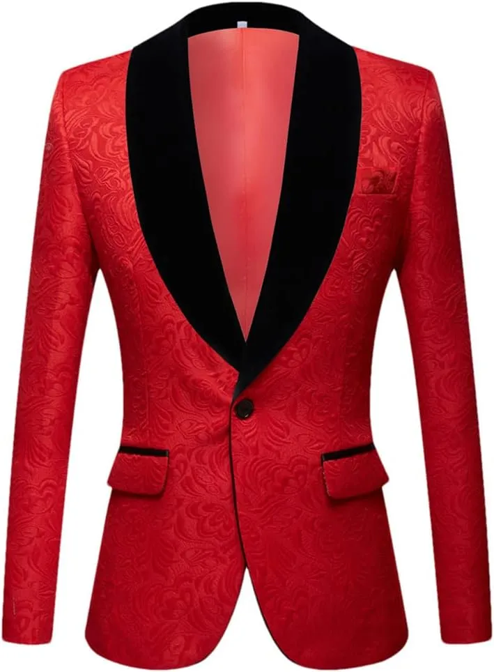 Red Black White Men's Patterned Suit Slim Fit Groomsmen Tuxedos Blazers for Wedding Shawl Collar Suit Jacket